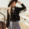Womens Western Style Fashion Leather Jacket Black with Fringe - Image 2