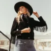 Womens Western Style Fashion Leather Jacket Black with Fringe