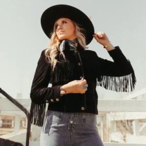 Womens Western Style Fashion Leather Jacket Black with Fringe