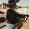 Womens Western Style Fashion Leather Jacket Black with Fringe