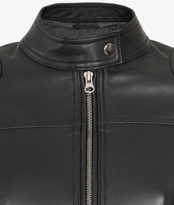 Womens Short Body Cafe Racer Leather Jacket - Image 2