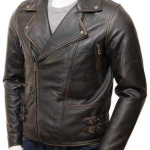 Men's Vintage Buckled Waist Biker Leather Jacket