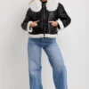 Women's Black Leather Cropped Wide Shearling Collar Jacket