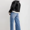 Women's Black Leather Cropped Wide Shearling Collar Jacket - Image 8