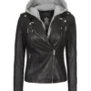 Women's Fur Hooded Black Leather Jacket