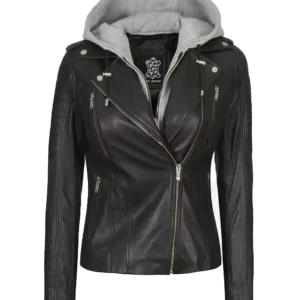 Women's Fur Hooded Black Leather Jacket