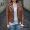 Womens Boda Style Quilted Leather Biker Jacket Brown - Image 2