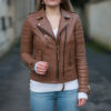Womens Boda Style Quilted Leather Biker Jacket Brown