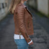 Womens Boda Style Quilted Leather Biker Jacket Brown - Image 3