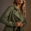 Women's Army Green Motorcycle Faux Suede Jacket - Image 4