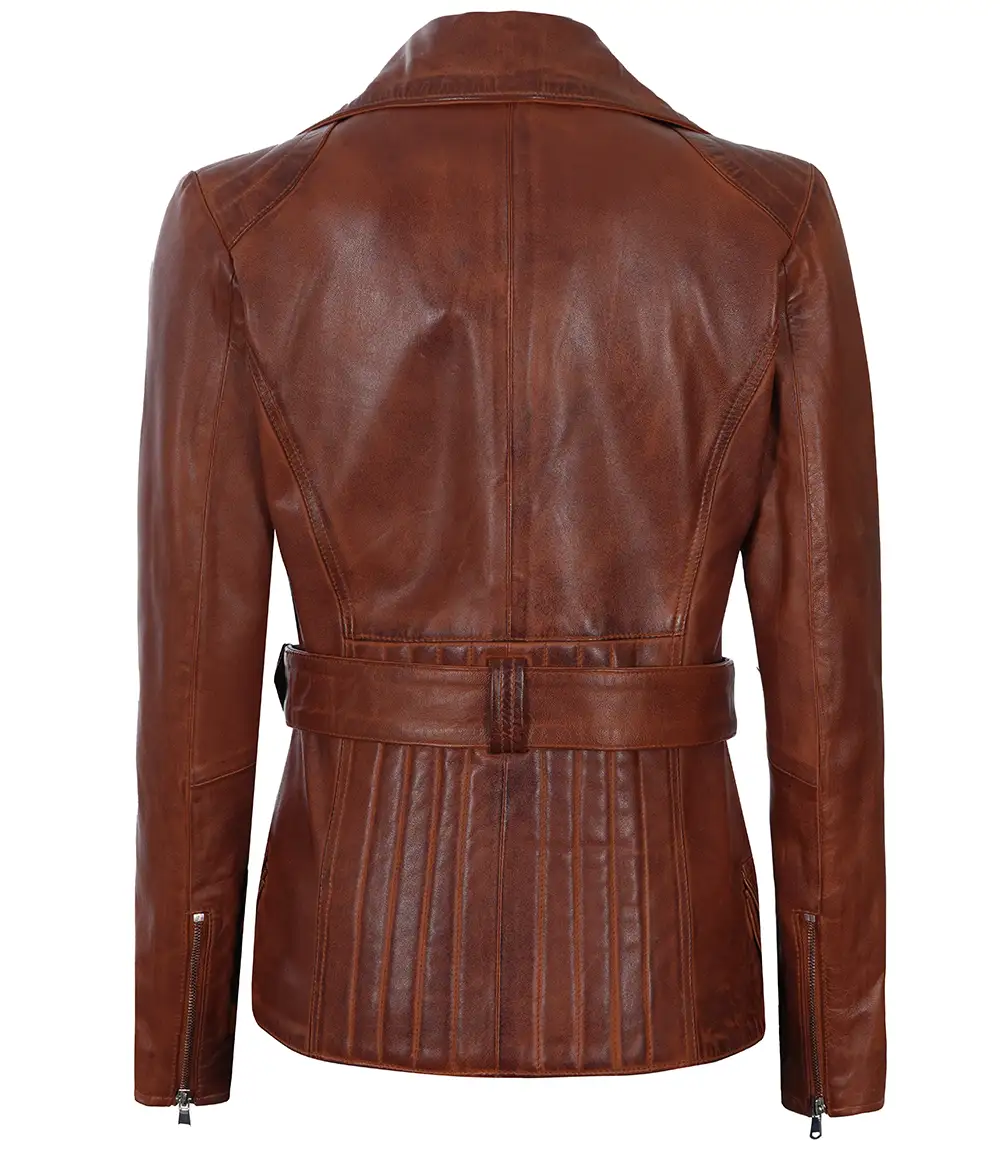 Womens Fashion Designer Waxed Leather Jacket Brown