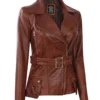 Womens Fashion Designer Waxed Leather Jacket Brown