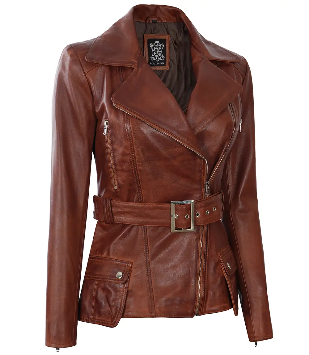 Womens Fashion Designer Waxed Leather Jacket Brown