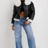 Women's Black Leather Cropped Wide Shearling Collar Jacket - Image 7