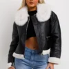 Women's Black Leather Cropped Wide Shearling Collar Jacket - Image 6