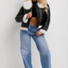Women's Black Leather Cropped Wide Shearling Collar Jacket - Image 5