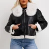 Women's Black Leather Cropped Wide Shearling Collar Jacket - Image 4