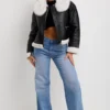 Women's Black Leather Cropped Wide Shearling Collar Jacket - Image 3