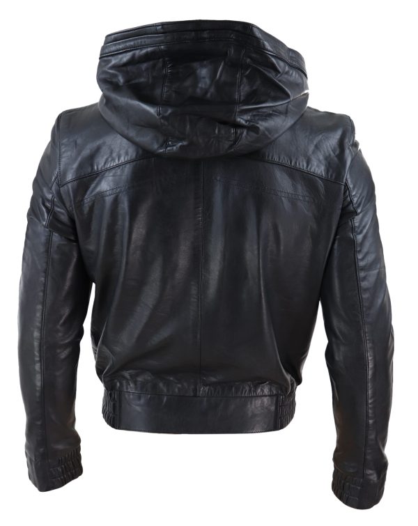 Mens Hooded Bomber Leather Jacket - Image 3