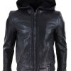 Mens Hooded Bomber Leather Jacket - Image 2