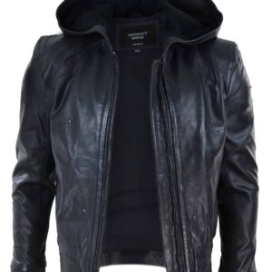 Mens Hooded Bomber Leather Jacket