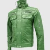 Men's High Collar Green Leather Jacket
