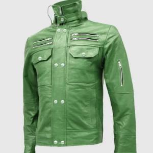 Men's High Collar Green Leather Jacket