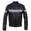 Mens Cafe Racer Leather Biker Jacket Blue with White Stripes