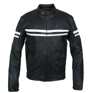 Mens Cafe Racer Leather Biker Jacket Blue with White Stripes