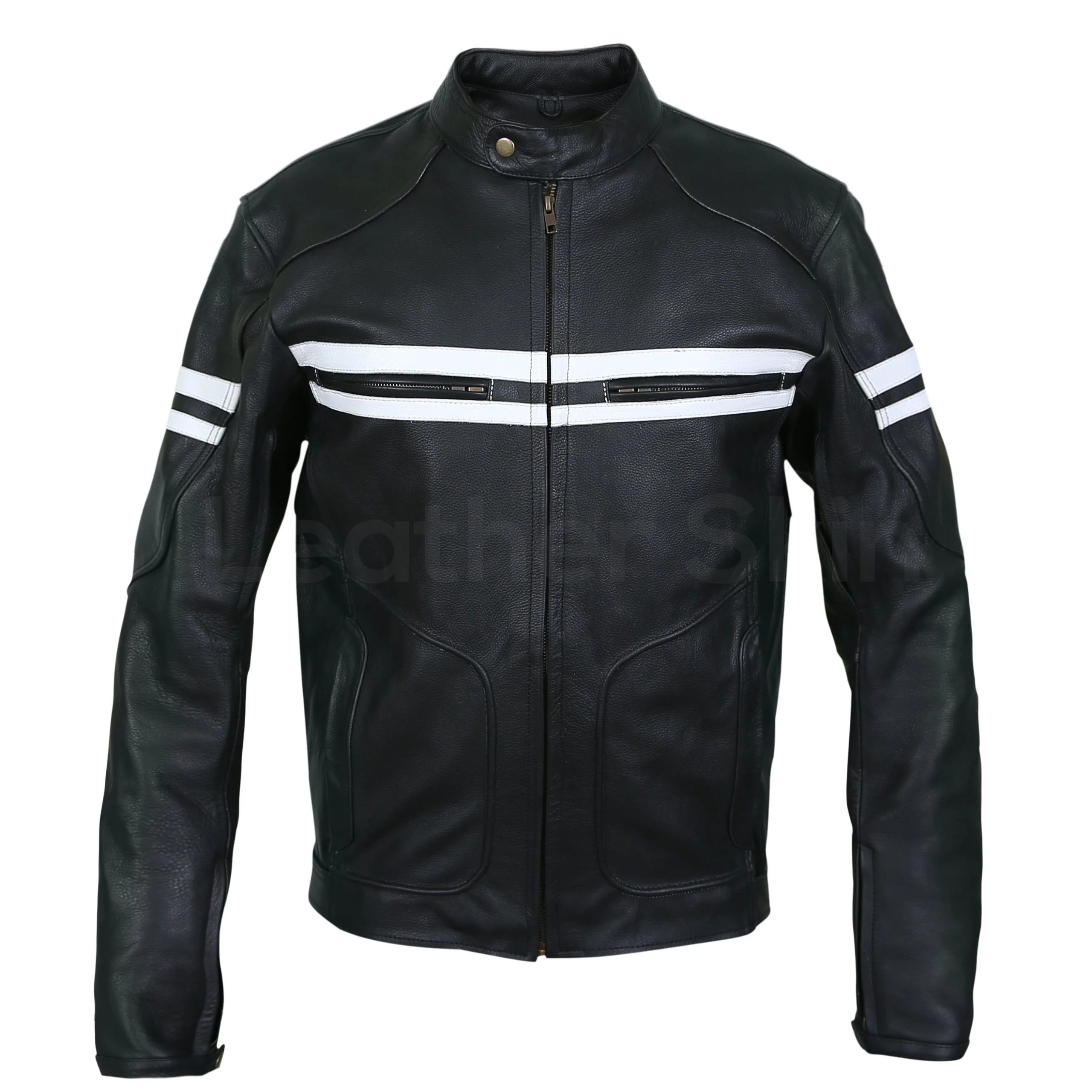 Mens Cafe Racer Leather Biker Jacket Blue with White Stripes