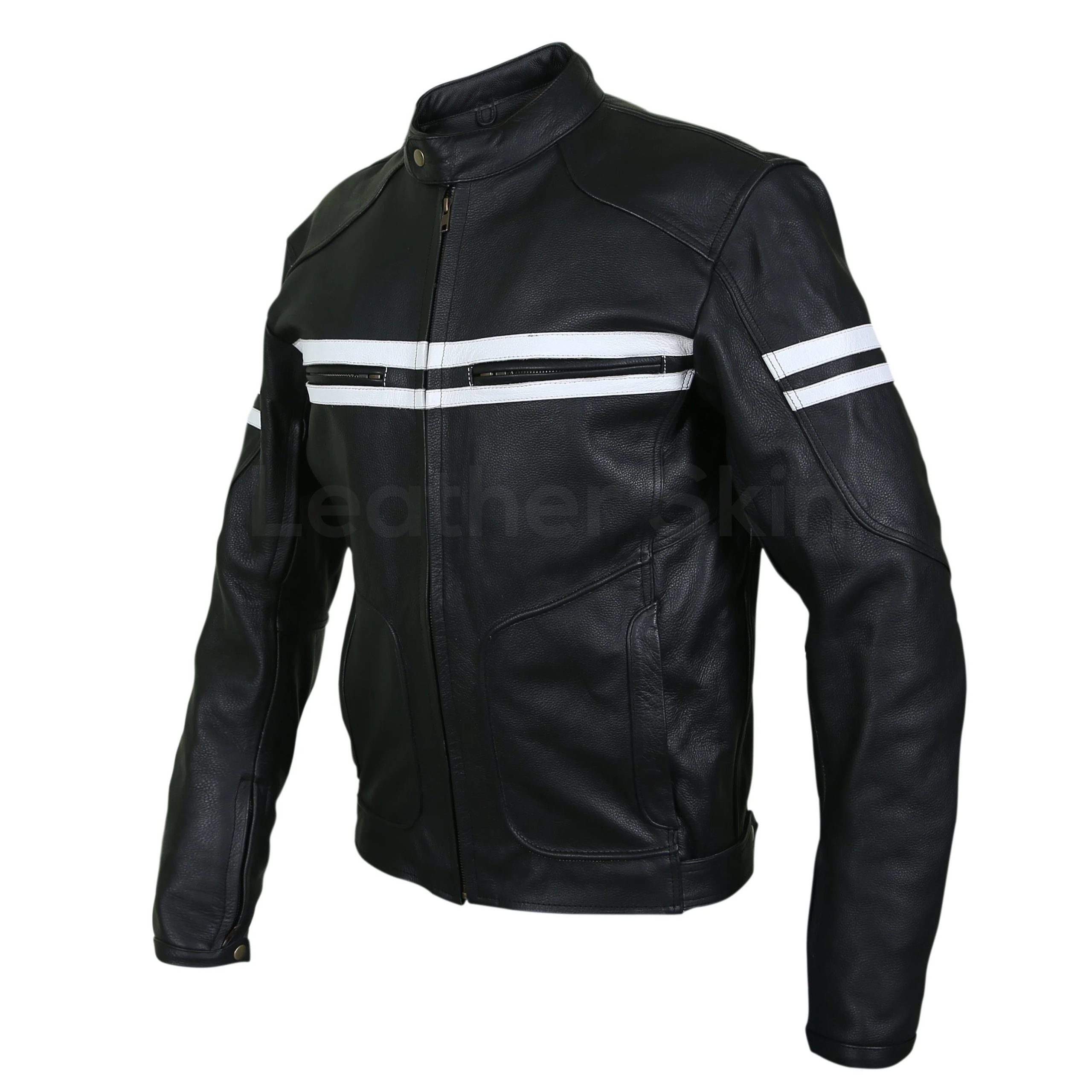 Mens Cafe Racer Leather Biker Jacket Blue with White Stripes