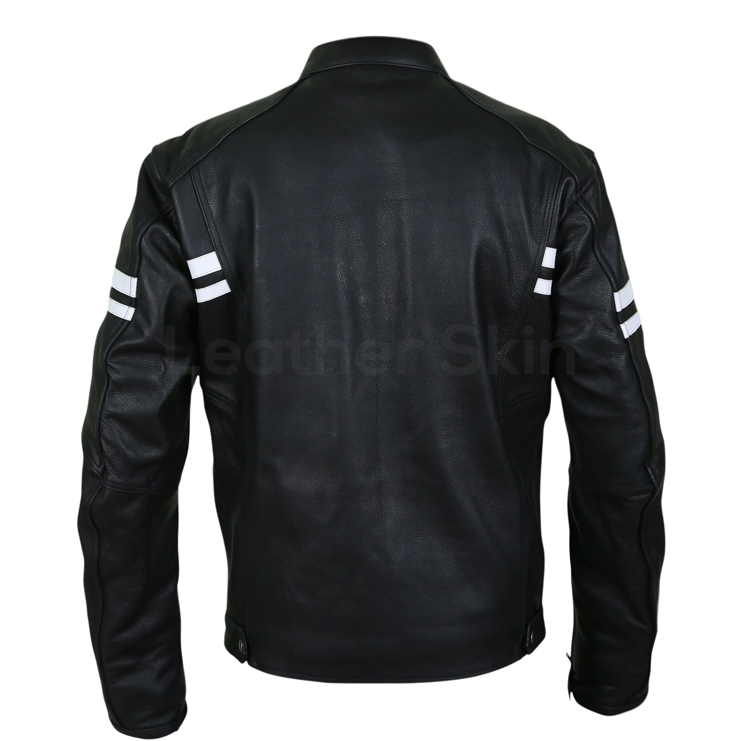 Mens Cafe Racer Leather Biker Jacket Blue with White Stripes
