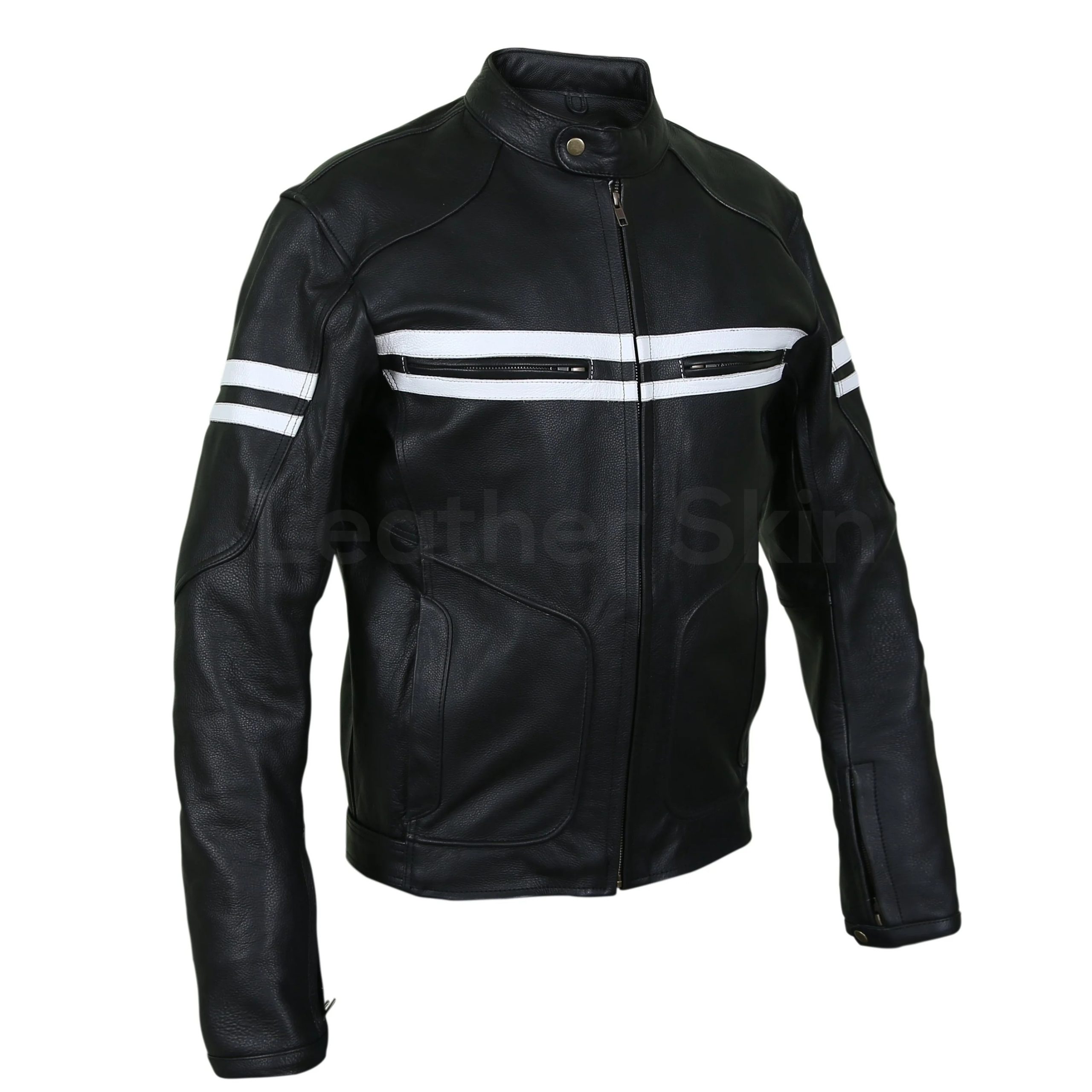 Mens Cafe Racer Leather Biker Jacket Blue with White Stripes