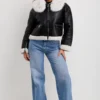 Women's Black Leather Cropped Wide Shearling Collar Jacket - Image 2