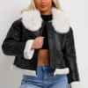 Women's Black Leather Cropped Wide Shearling Collar Jacket