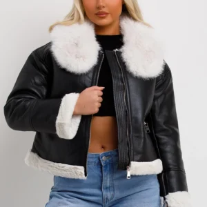 Women's Black Leather Cropped Wide Shearling Collar Jacket