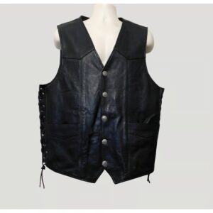 Mens Black Lace Up Biker Leather Vest