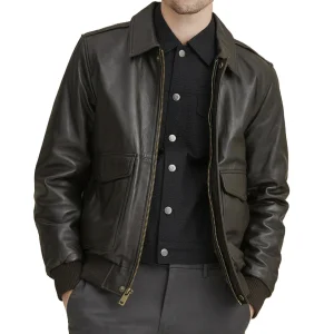 Mens Casual Black Leather Bomber Jacket