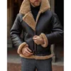 Men's Brown Leather Aviator Shearling Jacket - Image 2