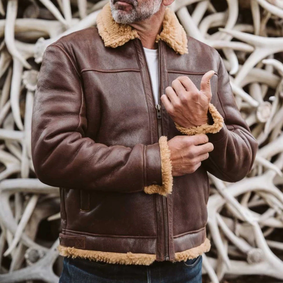 Mens Shearling Brown Bomber Leather Jacket