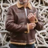 Mens Brown Shearling Bomber Jacket - Image 9