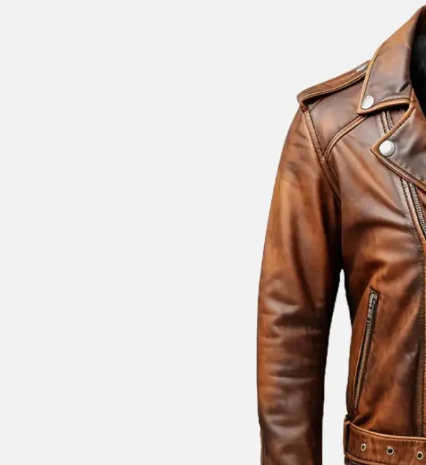Men's Vintage Brown Leather Biker Jacket - Image 2