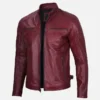 Mens Waxed Leather Red Cafe Racer Jacket - Image 3