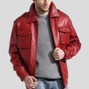 Mens Red Leather Bomber Jacket