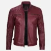 Mens Waxed Leather Red Cafe Racer Jacket