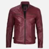 Mens Waxed Leather Red Cafe Racer Jacket - Image 2