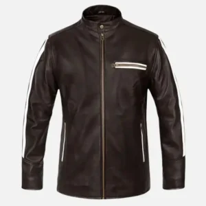 Mens Hooded White Striped Leather Jacket