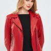 Womens Slim Fit Military Style Leather Jacket Red - Image 2
