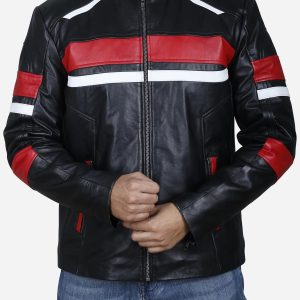 Mens Striped Biker Leather Jacket