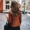 Womens Slim Fit Brown Leather Biker Jacket - Image 5